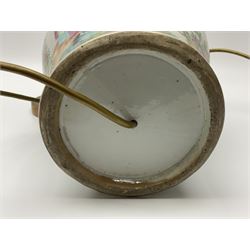 19th century Chinese Canton Famille Rose vase, decorated with figural panels against floral and foliate scroll ground, converted to a lamp, H46cm