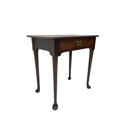 George III oak low boy, fitted with single drawer, raised on tapered supports with pad feet