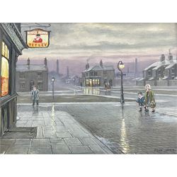 Steven Scholes (Northern British 1952-): 'The King's Arms Opening Time Collyhurt - Manchester 1962', oil on canvas signed, titled verso 29cm x 39cm