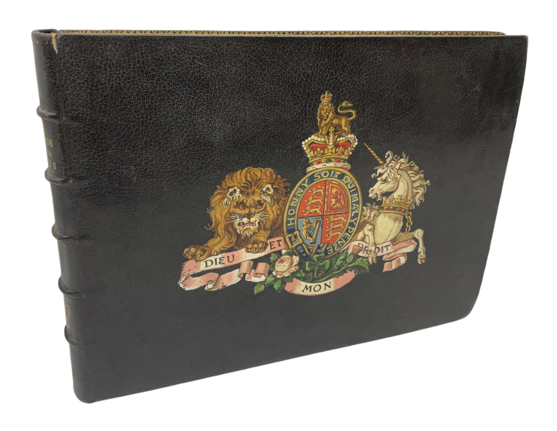 Balaschoff & Herbillon: L'Armee Allemande Sous L'Empereur Guillaume II. 1890 Paris. Forty-five laid-in chromolithograph plates together with numerous text illustrations. Oblong folio. Full moroccan leather and gilt binding with painted English Royal Crest to front cover and a.e.g.