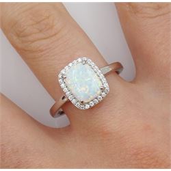 Silver rectangular opal and cubic zirconia cluster ring, stamped 925 