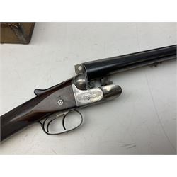 W.W. Greener 12-bore side-by-side double barrel non-ejector shotgun, with 76cm barrels, side safety, engraved lock, figured walnut stock with chequered grip and fore-end, no.33408, 120.5cm overall; in fitted canvas covered case with tools and accessories including .22 12-bore dog training device. SHOTGUN CERTIFICATE REQUIRED.