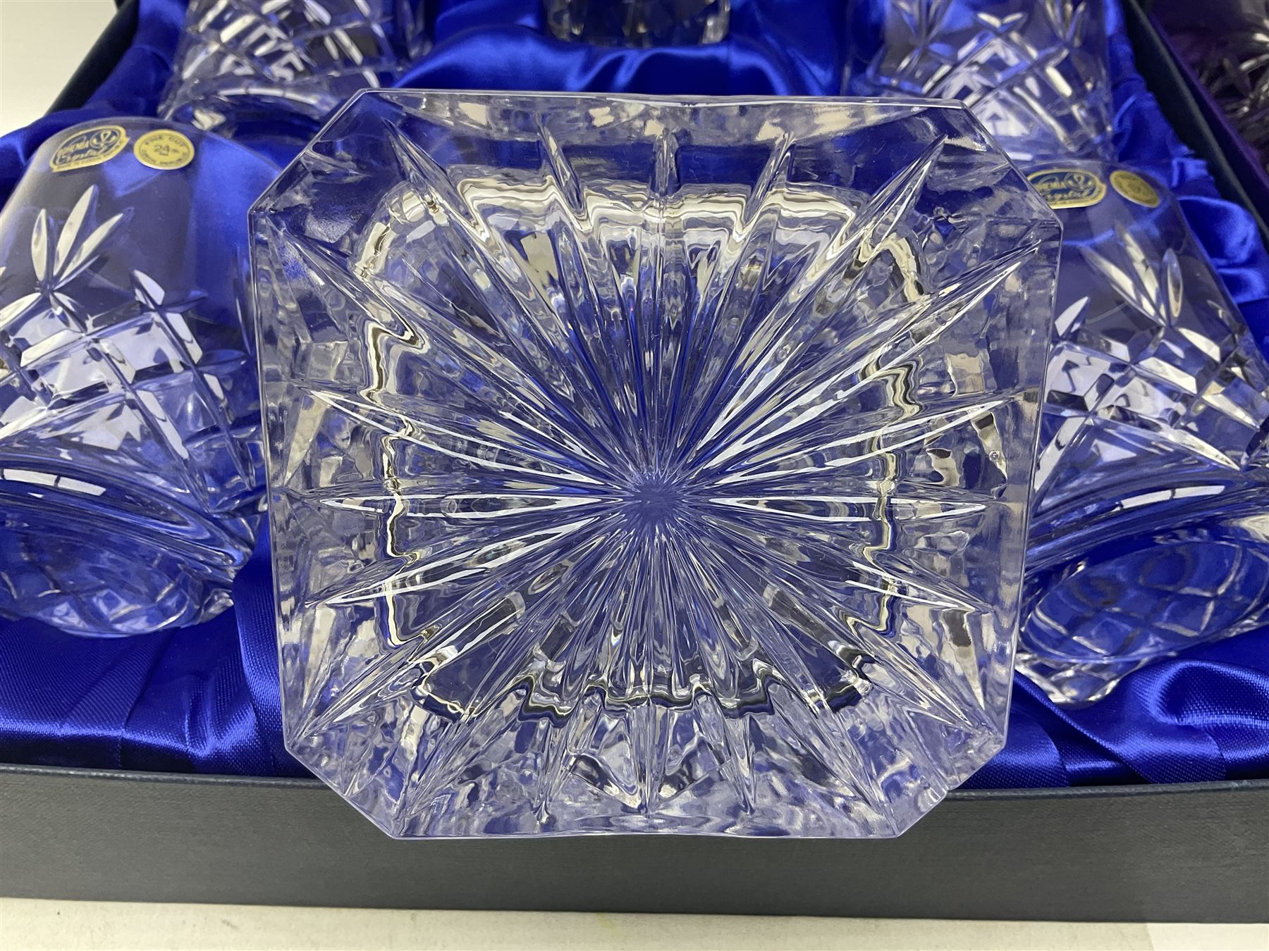 Bohemia Crystal cased decanter and four glasses set, Edinburgh crystal four tumbler set and boxed Edinburgh crystal etched glass