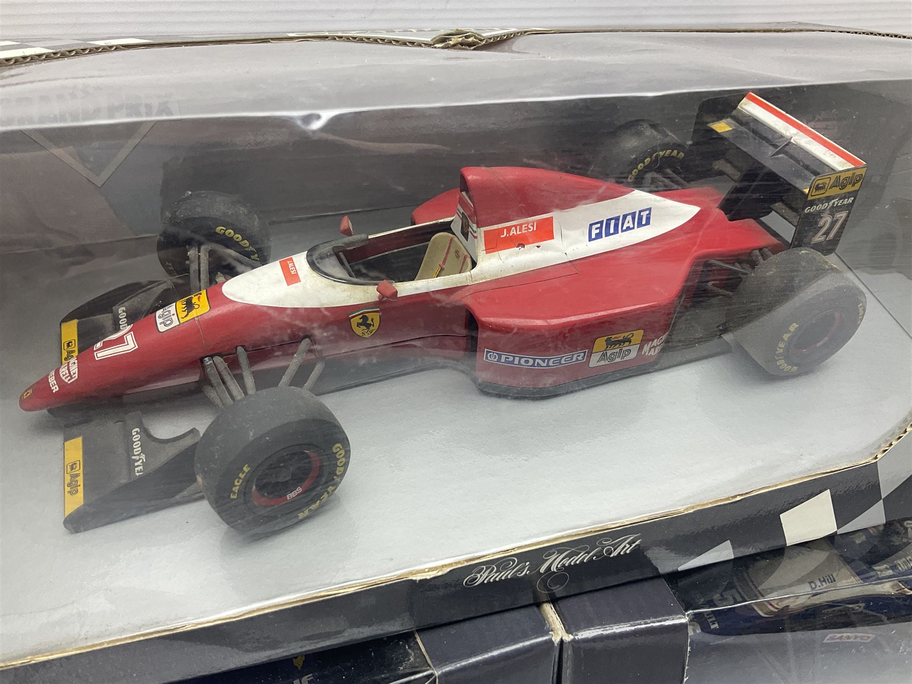 Three Paul's Model Art Grand Prix 1:18 scale die-cast racing cars - Williams Renault FW17 D. Hill; Ferrari 412 T1 J. Alesi; and Ligier Honda JS41 M. Brundle; all boxed (3)