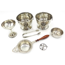  Pair of silver miniature rose bowls lion mask handles,  trophy, pair sugar nips, silver tea strainer and marcasite golf brooch 8.2oz weighable silver  