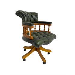 Swivel office desk chair, upholstered in buttoned green leather