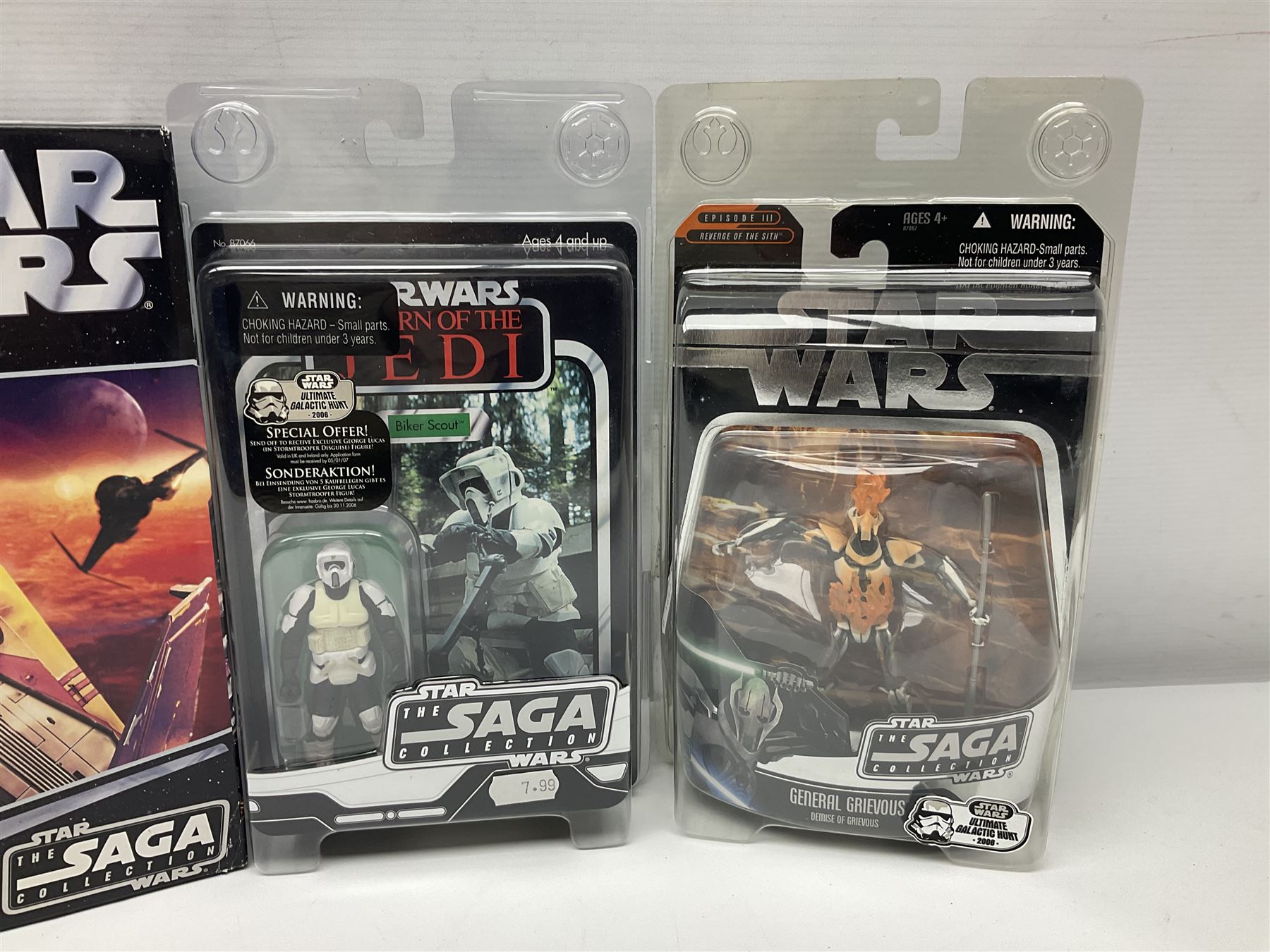 Star Wars - The Saga Collection - Mace Windu's Jedi Starfighter; boxed; and twelve carded figures comprising Biker Scout, General Grievous, At-At Driver, Clone Trooper Sergeant, various other Clone Troopers and Commander Cody, Snowtrooper and Scorch Republic Commander; all in unopened blister packs (13)