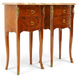 Pair of French inlaid kingwood marquetry bedsides, the shaped marble top over two drawers flanked by gilt metal rocaille mounts, raised on tapering cabriole supports