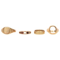 9ct gold rings, including wedding band, two shanks and a stone set ring, together with two 9ct gold stone set stick pins, silver horseshoe stick pin and a piece of silver solder