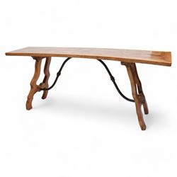 Spanish design hardwood and wrought iron console or side table, parquetry top over splayed shaped end supports united by wrought iron stretcher 