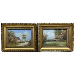 Richard Rhead Simm (British 1926-2019): Cottage Scene with Figure, pair oils on board signed 12cm x 16cm (2) 
Notes: Simm was an artist for Royal Doulton 