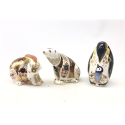  Three Royal Crown Derby paperweights: Rocky Mountain Bear and Polar Bear both commissioned by Goviers of Sidmouth Exclusive Signature Edition of 500 and Penguin & Chick (3)  