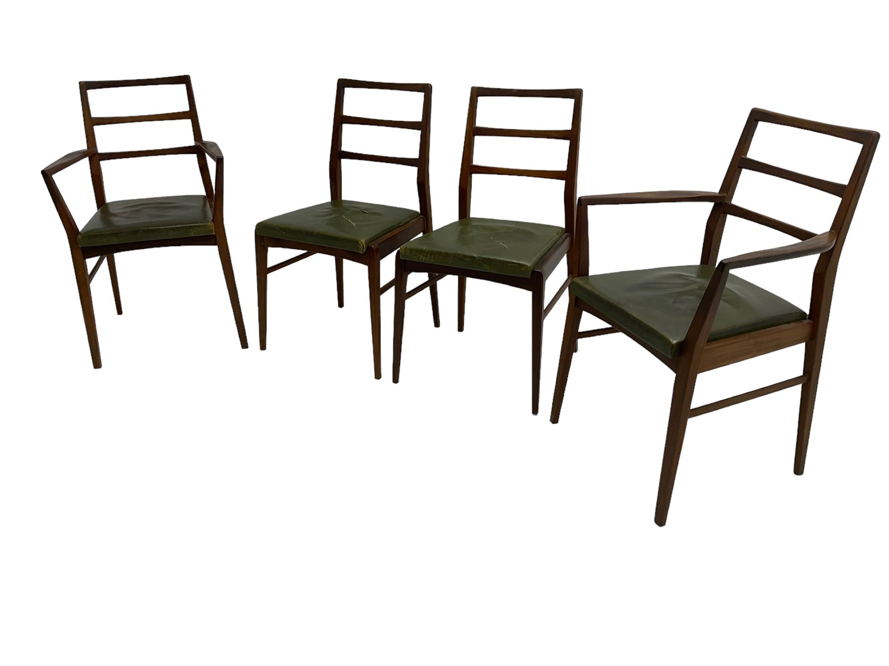 Richard Hornby for Fyne Ladye - set of six (4+2) mid-20th century dining chairs, ladder back over green faux leather upholstered drop-in seat, on tapering supports