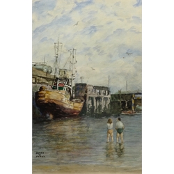  Figures Paddling in the Harbour, watercolour signed by J W Hardy (Late 20th century) 52.5cm x 33cm  