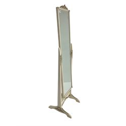 White painted cheval mirror, frame decorated with moulded gilt flowers, rectangular bevelled plate