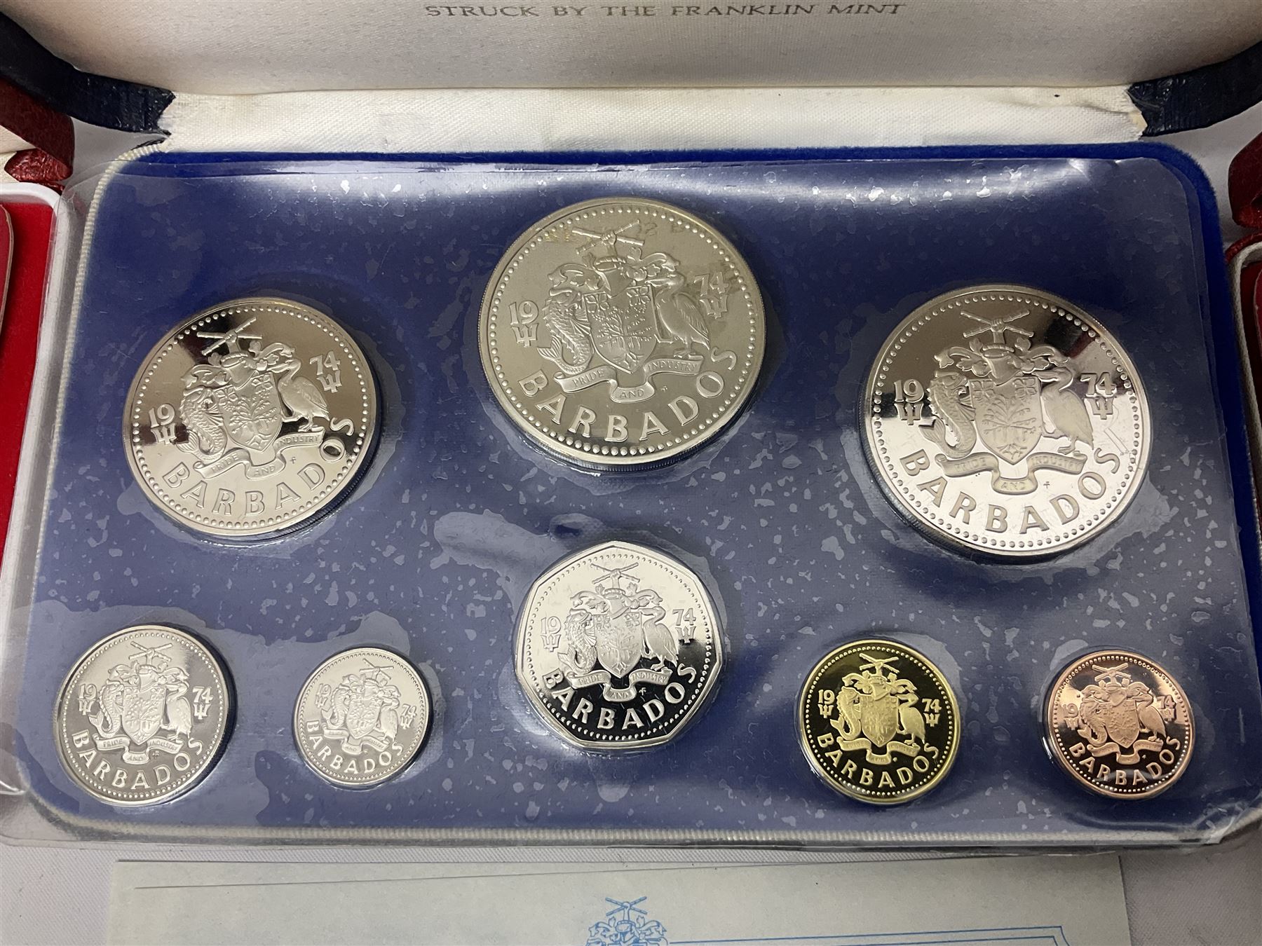 First National Coinage of Barbados 1973 proof eight coin set, from ten dollars to one cent, the ten dollar coin minted in sterling silver, the five dollar coin minted in 800 silver, and a Barbados 1974 proof eight coin set, both minted at The Franklin Mint, cased with certificates; two Republic of Malta decimal proof coin sets, dated 1978 and 1979, the 1979 one pound coin minted in sterling silver, both minted at The Franklin Mint, cased with certificates; Cayman Islands 1973 proof eight coin set, minted at the Royal Canadian Mint, cased; and a Cayman Islands 1979 proof eight coin set, the five dollar to fifty cents coins each minted in sterling silver, minted at the Franklin Mint, cased with certificate (6)