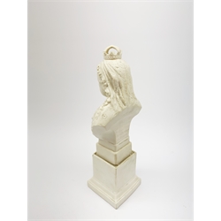 A Robinson and Leadbeater Parian Ware bust, modelled as Queen Victoria, raised upon plinth base detailed in gilt Victoria 1837-1897, and impressed verso Victoria, To Commemorate the 60 year of her reign 1887-1897, with impressed makers mark, H30cm. 