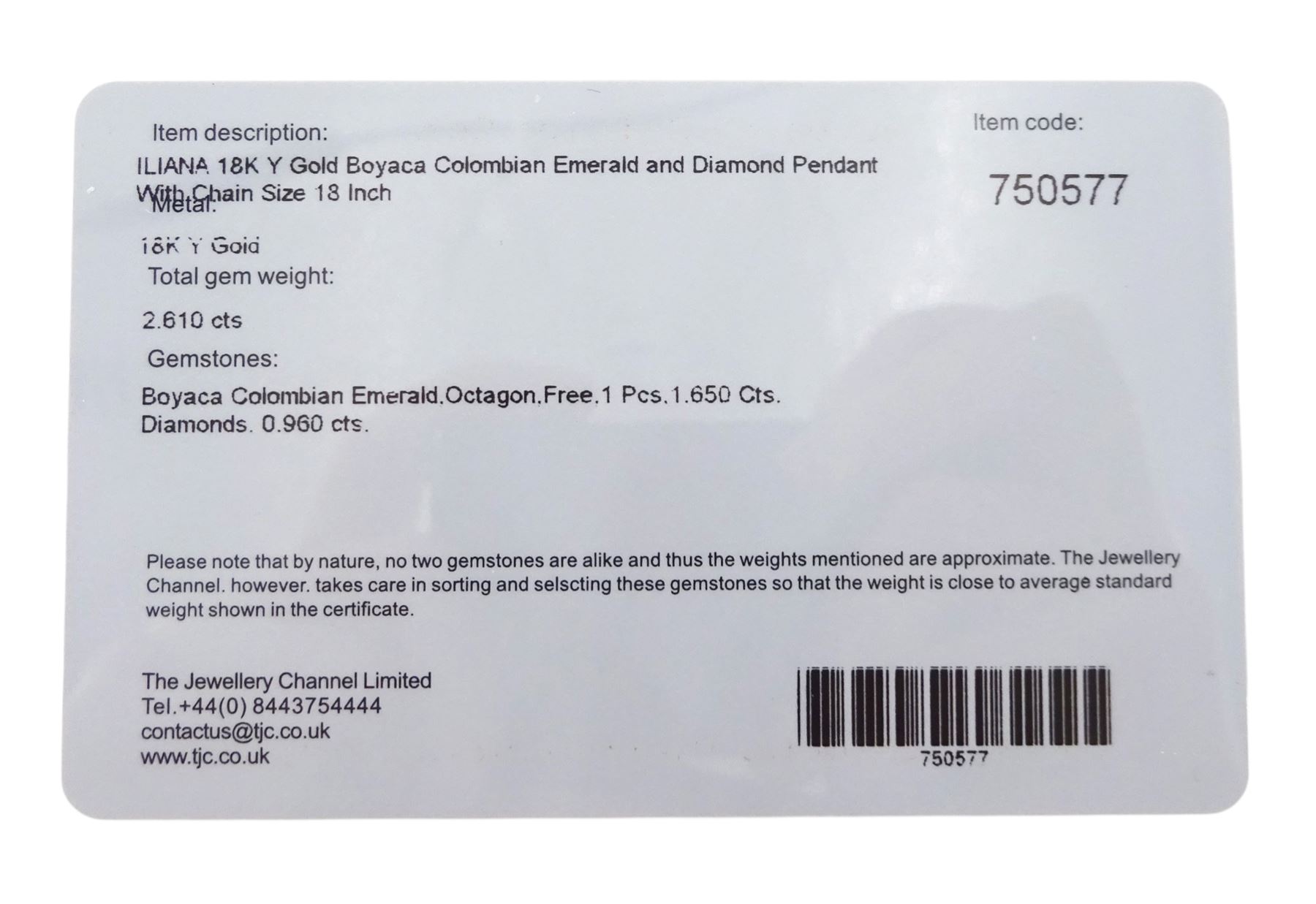 18ct gold Colombian emerald and diamond cluster pendant by Iliana, single octagonal cut emerald of 1.65 carat, surrounded by two rows of twenty round brilliant cut diamonds, spaced by eight tapered baguette cut diamonds, hallmarked, total diamond weight 0.96 carat
