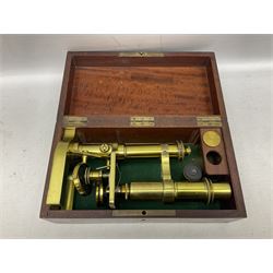 19th century brass monocular microscope by R. & J. Beck London No.18760 with hinged column and pitchfork base H25cm; in fitted mahogany case with two lenses