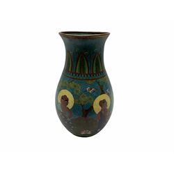 Japanese Cloisonne vase, Meiji/Taisho period, decorated with five haloed figures, possibly the Lucky Gods or Monks, in a landscape detailed with pine trees, lotus flowers and auspicious clouds, beneath a neck with band of fronds, with apocryphal Ming mark beneath, H31cm
