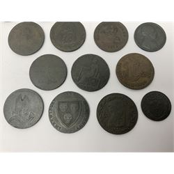 Thirty six late 18th century onwards tokens to include Georgian love token engraved ‘Betty Barlow’ to reverse of 1788 Anglesey Mines halfpenny, 1792 Coventry halfpenny, 1792 North Wales halfpenny, 1795 Duke of York halfpenny etc 