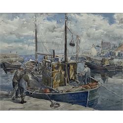 Mary M Brown (British 20th century): Fishermen Mooring to Harbour Wall, watercolour signed 38cm x 48cm