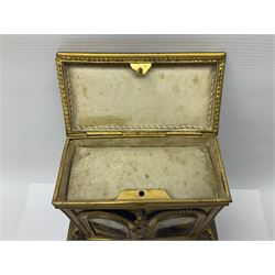 19th century French jewellery box in the form of a miniature cabinet, the faux tortoiseshell mounted with gilt metal, each door decorated with landscape panels, H27cm   