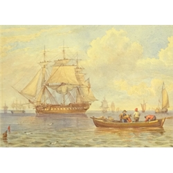  Attrib. John Cantiloe Joy (British 1806-1866): Frigate at Anchor, watercolour on 1852 watermarked paper unsigned, inscribed 'Joy for Capt. Wynard' verso, 12cm x 16.5cm  