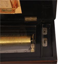 Swiss-Late 19th-century inlaid rosewood musical box playing eight airs, 78 tooth steel comb and brass cylinder, crank operated going barrel with a jewelled governor, with original tune sheet, W51cm 