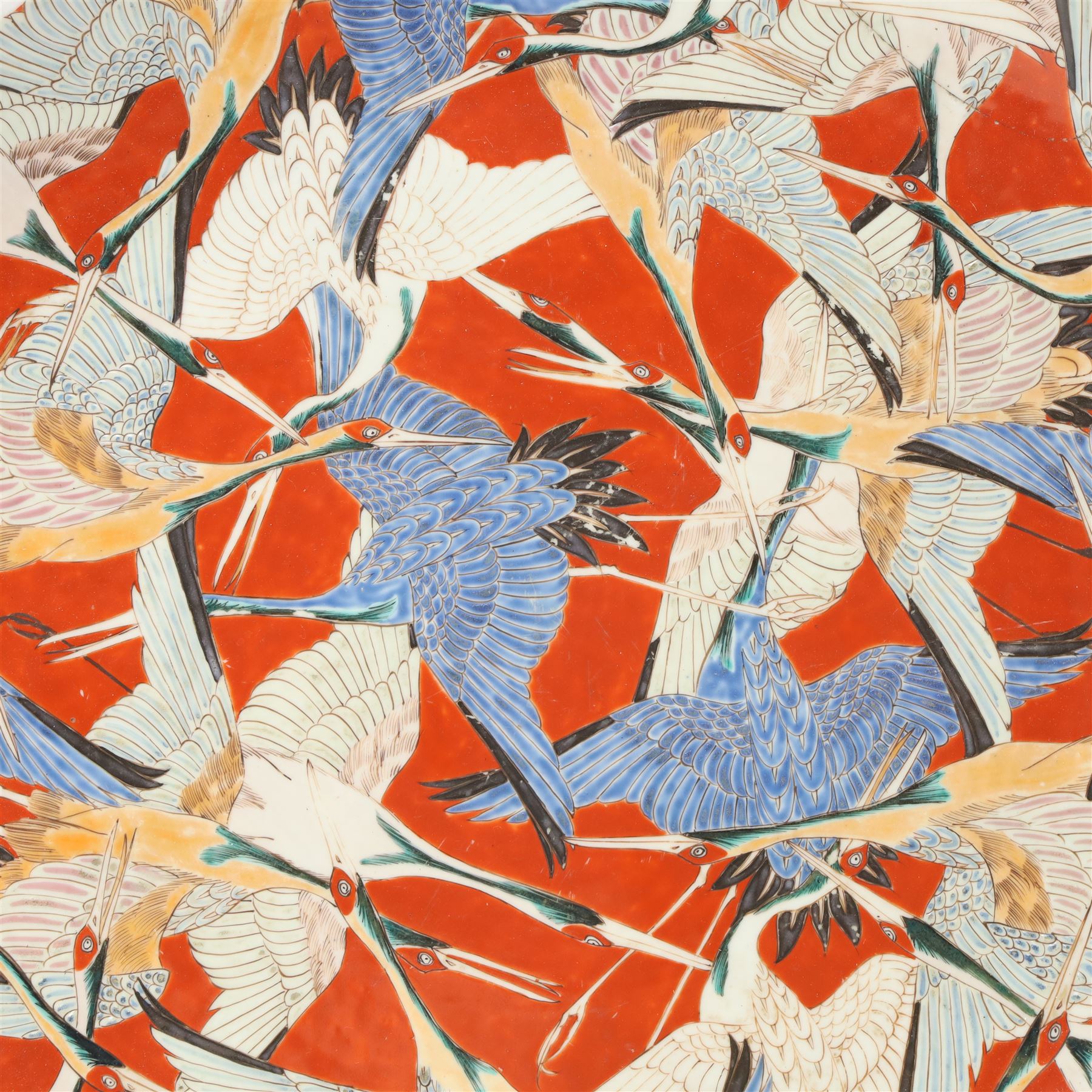 Large Japanese charger profusely decorated with cranes, six character mark in underglaze blue to base, D60cm 