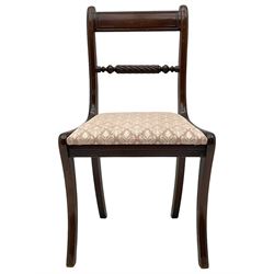 Regency design mahogany extending dining table, rectangular top with extending canted corners, pull-out action with additional leaf (84cm x 136cm - 182cm, H76cm); set of eight Regency design mahogany dining chairs with rope twist rails