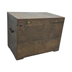 Early 20th century oak blanket chest, of rectangular form with iron strap hinges and surface-mounted drop handles, the interior fitted with iron lid stays, on bracket feet