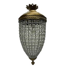 India Jane Interiors - pair of gilt metal and glass pineapple ceiling light pendants, tapered form and decorated with glass beads and pendants, foliage cast metal upper band, mounted by lower finial - ex-display/bankruptcy stock 