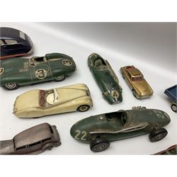 Various Makers - fourteen unboxed and playworn die-cast models including Wee-Kin Sunbeam Talbot, Corgi James Bond Aston Martin and ERF lorry, Dinky Thunderbolt Racing Car, Cadillac Eldorado, Cunningham C5-R, Lagonda etc; Minic tin-plate police car and jeep; other tin-plate models; Merit Plastic racing cars and quantity of spare parts etc