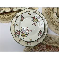 Royal Doulton part dinner service in Old Leeds Sprays pattern,  to include cheese dome, teapot and stand, egg cups etc, together with a selection of floral doilies.  