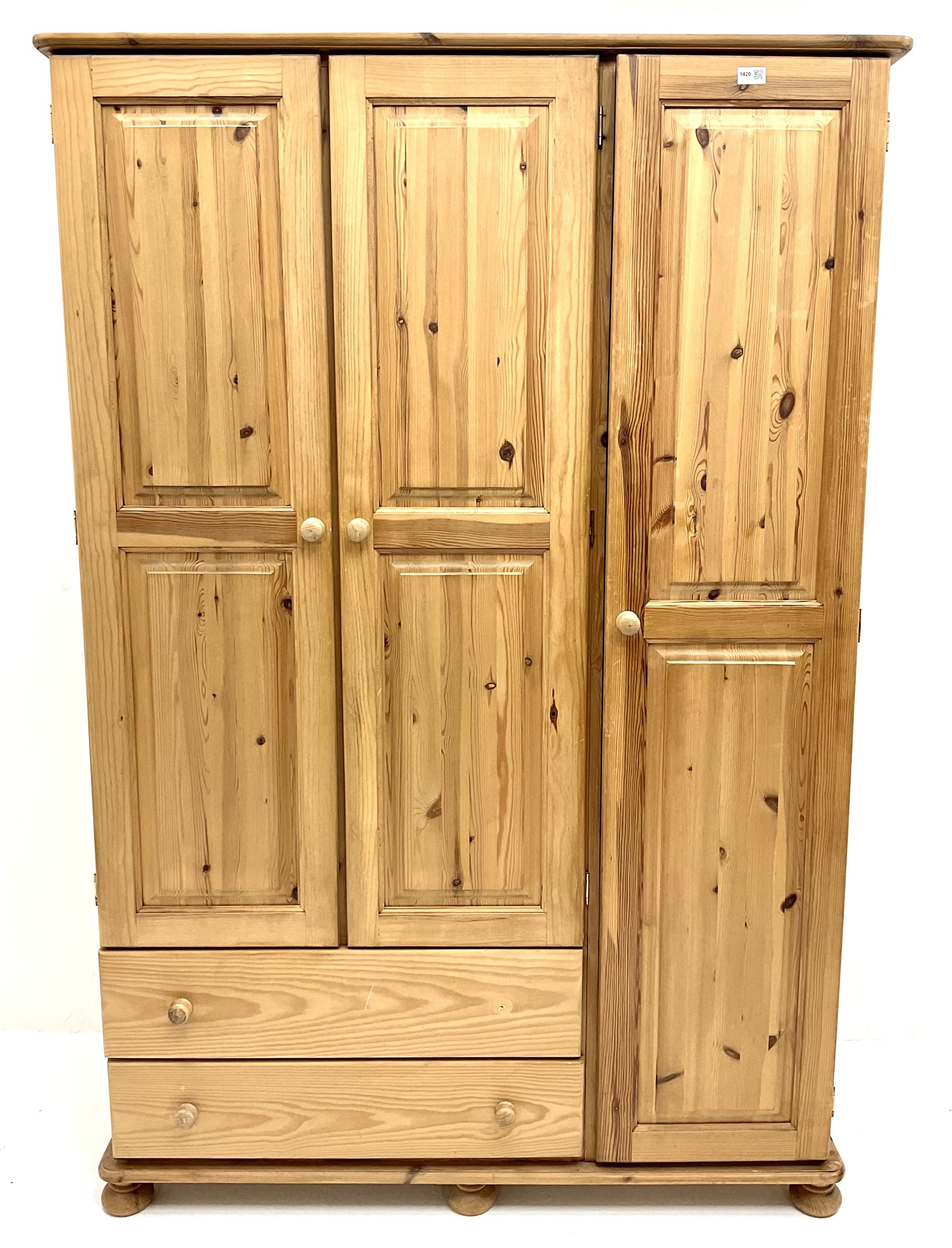 Solid pine triple combination wardrobe, three cupboards, two drawers