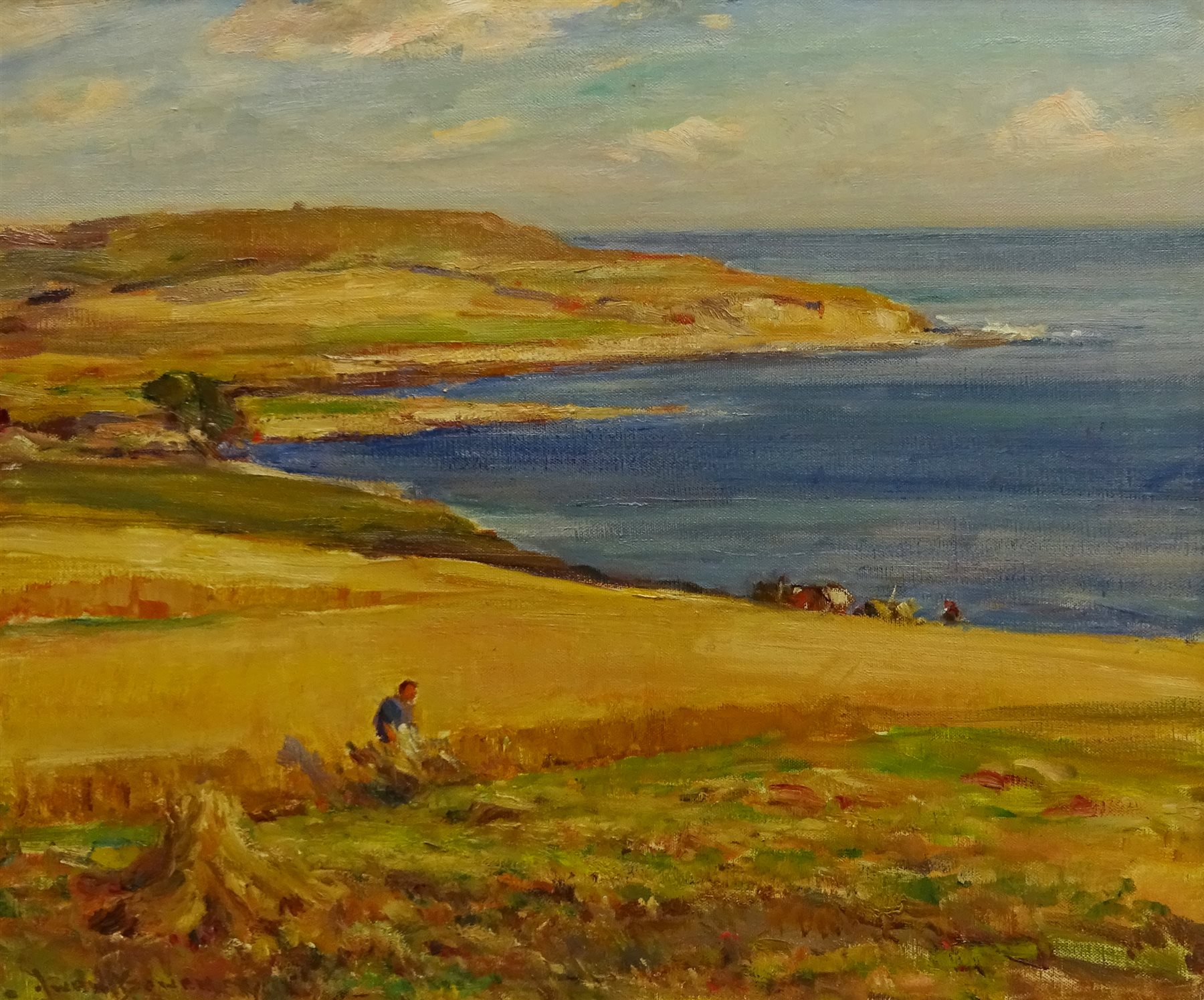 Owen Bowen (Staithes Group 1873-1967): Harvest Time on the Solway Firth Coast, oil on canvas signed 50cm x 60cm

