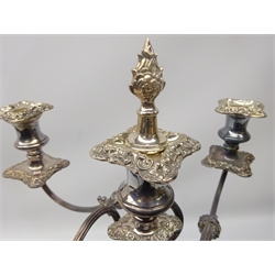  Old Sheffield plate five light candelabra, scroll arms, foliate embossed stem on shaped square base, H54cm   