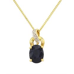 18ct gold oval cut sapphire and diamond chip pendant necklace, hallmarked