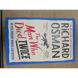 Eight first edition books, comprising signed Bob Mortimer 'And Away' autobiography, signed Richard Coles 'Murder Before Evensong' and six Richard Osman books, including 'The Thursday Murder Club' and 'The Last Devil To Die', with two Richard Osman signed bookplates