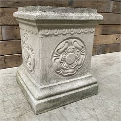 Cast stone garden pedestal with relief 'Yorkshire Rose' motif