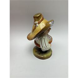 A Royal Crown Derby Mansion House dwarf, dressed in 17th century cavalier costume, with floral waistcoat and hate detailed Auction of Elegant Household Furniture and Effects, H18cm, with printed mark beneath and signed J.Aston, with makers box. 
