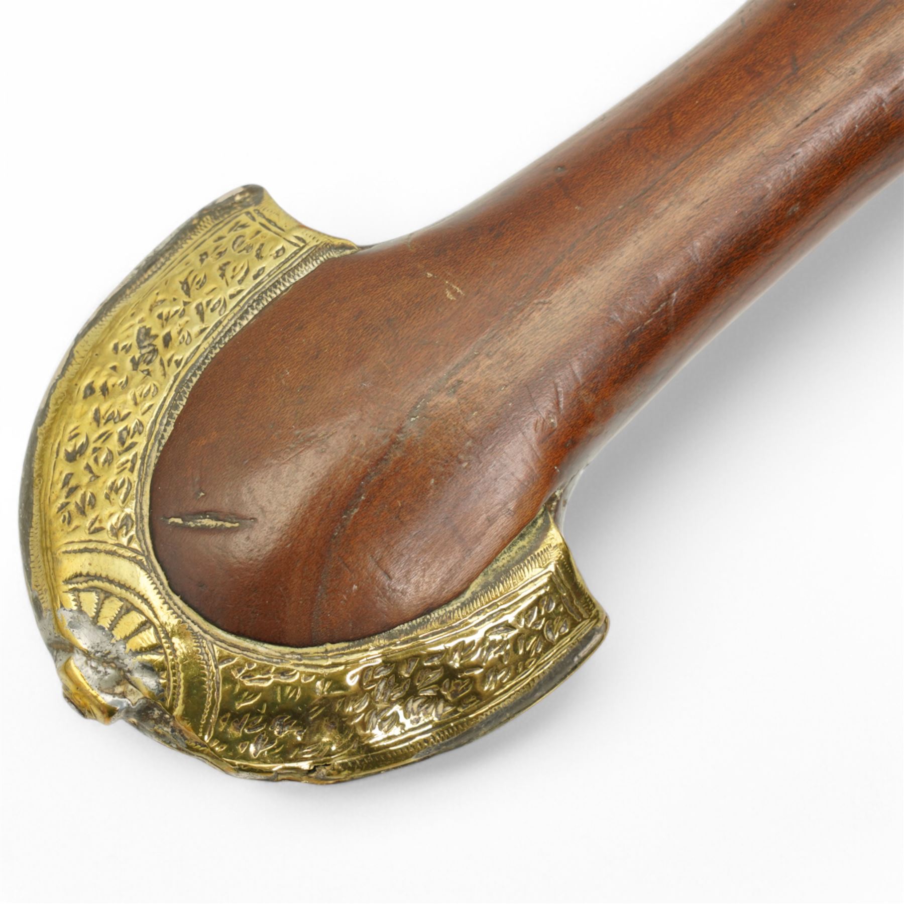 Moroccan jambiya, the metal scabbard decorated in gilt and silver and with hardwood grip L41cm overall