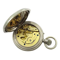 Late 19th/early 20th century open face lever 'Russell's Railway Keyless' pocket watch, white enamel dial with Roman numerals, in a Russel's case inscribed 'Late Russell's Patent Regd. 30 May 1881', blue velvet interior, the dust cover and brass case both inscribed ' Henry W. Bedford 67 Regent Street London'