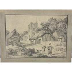 George Morland (British 1763-1804): Figures Outside a Country Church, pencil with washed border signed 18cm x 26cm