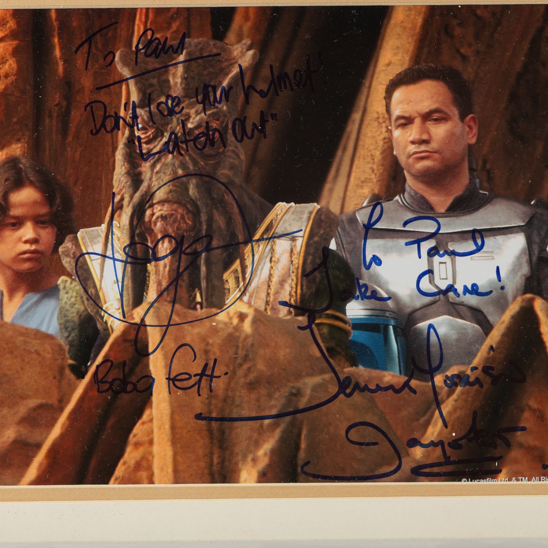 Signed Star Wars prints, comprising Rogue One Cineworld poster signed by Spencer Wilding (Darth Vader), portrait of Lando Calrissian signed by Billy Dee Williams, still of Boba Fett and Jango Fett signed by Daniel Logan and Temuera Morrison and a still of Darth Maul signed by Ray Park, R2-D2 signed by Kenny Baker and a C-3PO montage signed by Anthony Daniels, all framed 