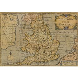 John Speed (British 1552-1629): 'England Wales Scotland and Ireland Described and Abridged', frontispiece and set of four engraved maps with hand-colouring of the British Isles from the miniature pocket-sized edition pub. c.1666, 9cm x 13cm (5)