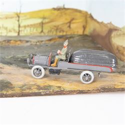 Ernst Plank; Pontoon diorama, with three wagons, pontoon boats, wooden planks and joints with all passengers and drivers, circa 1912, diorama is displayed in book Ernest Plank Miniatures; Vehicles, Transport Toys & Accessories by Jeff Carpenter pages 29 and 30  