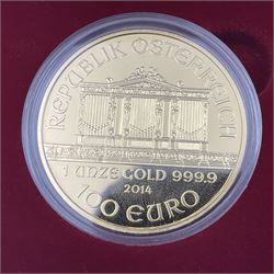 Austria 2014 gold proof two coin set, comprising one ounce fine gold one-hundred Euro and quarter ounce fine gold twenty-five Euro coins, cased with certificate