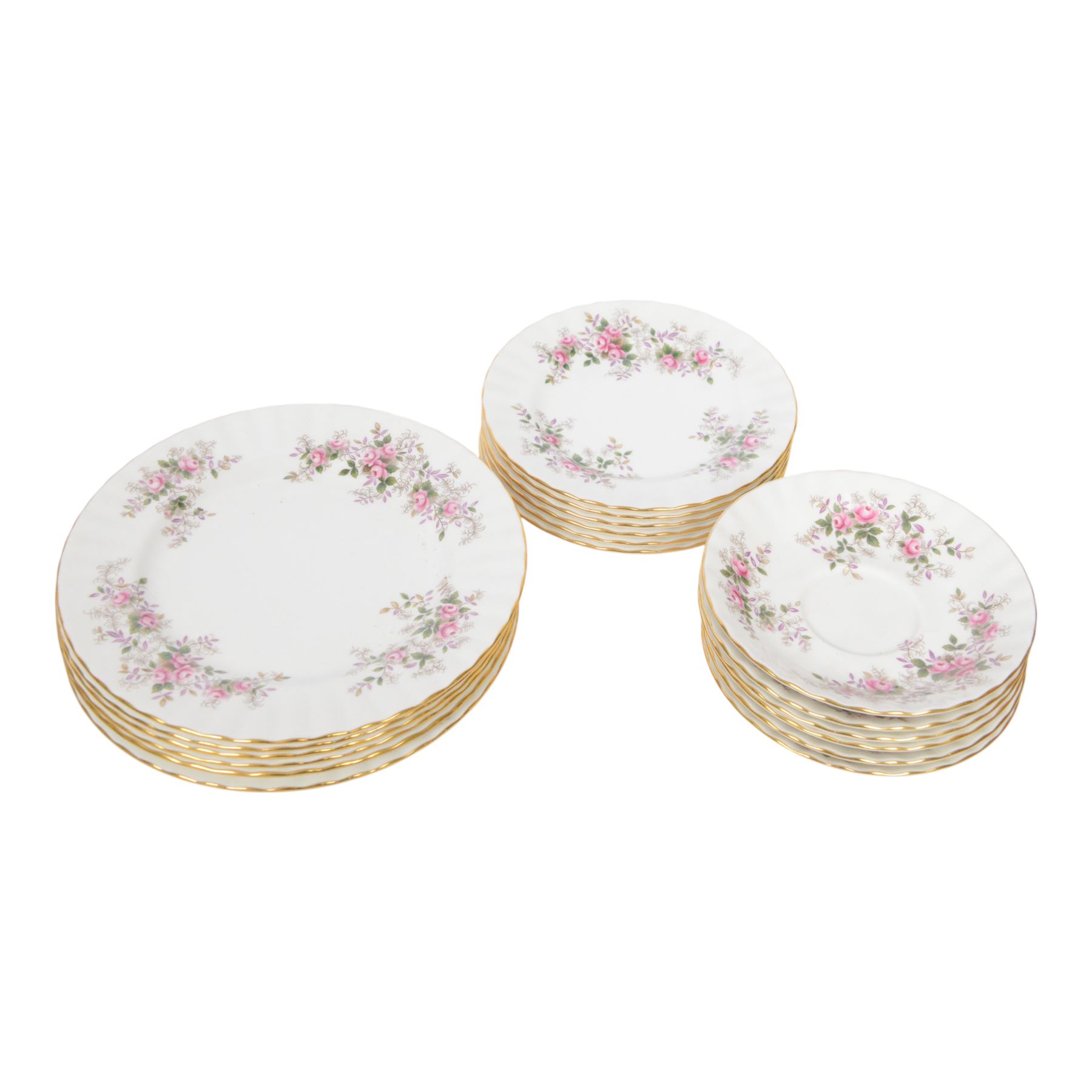 Royal Albert Lavender Rose pattern tea service for six including teapot, jug, open sucrier, teacups and saucers, side plates, dinner plates etc  
